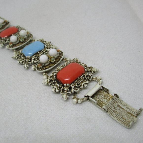 Vintage 1950s Enamel Celluloid Cabochon Section Bracelet Antiqued White Enamel - Picture 5 of 12